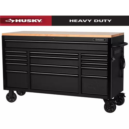 61 In. W X 23 In. D Heavy Duty 15-Drawer Mobile Workbench Tool Chest with Solid Wood Top in Matte Black