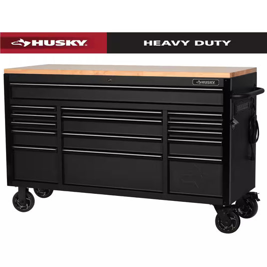 61 In. W X 23 In. D Heavy Duty 15-Drawer Mobile Workbench Tool Chest with Solid Wood Top in Matte Black
