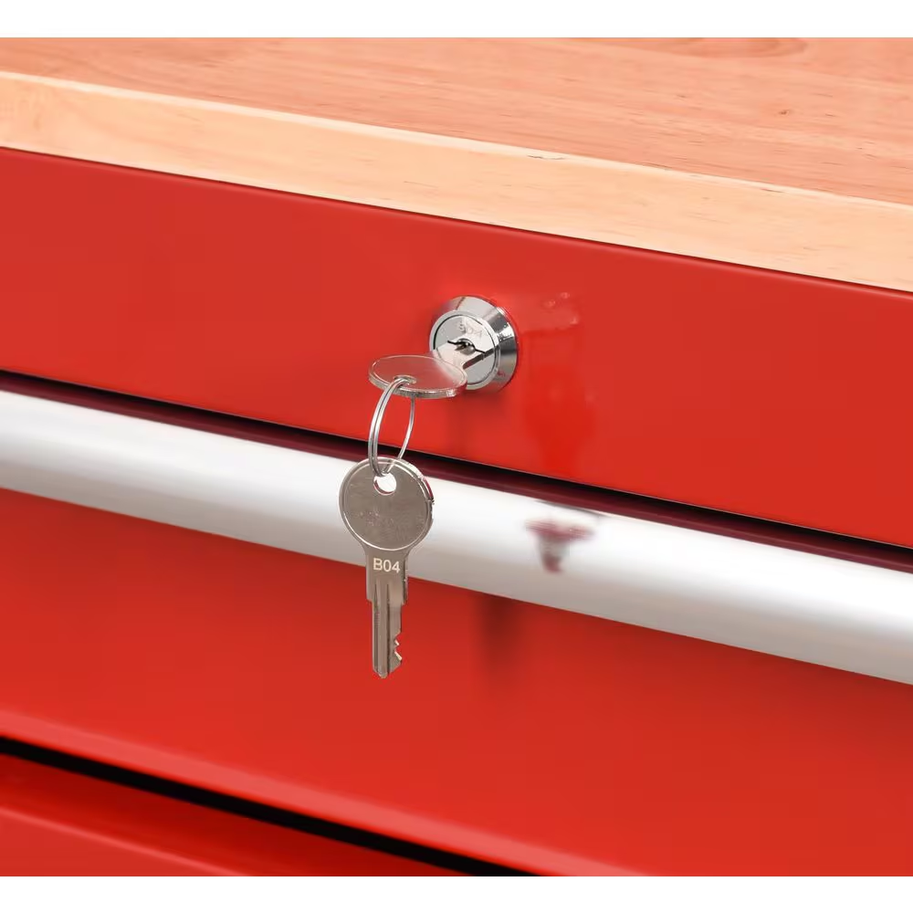 52 In. W 10-Drawer Gloss Red Mobile Workbench Cabinet with Solid Wood Top and Pegboard