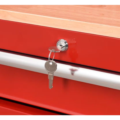52 In. W 10-Drawer Gloss Red Mobile Workbench Cabinet with Solid Wood Top and Pegboard