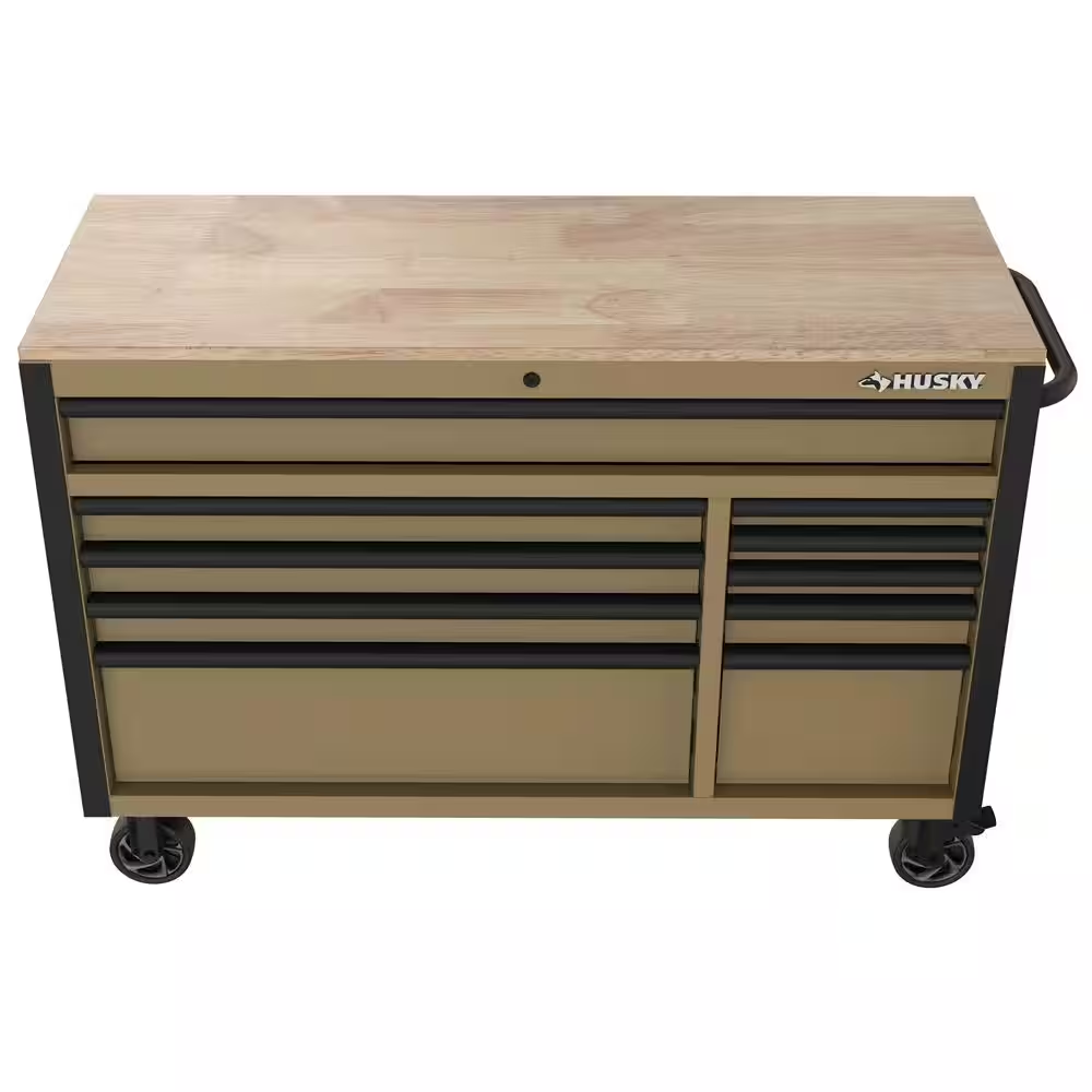 Standard-Duty 52 In. W 10-Drawer Matte Tan Mobile Workbench Cabinet with Solid Wood Top