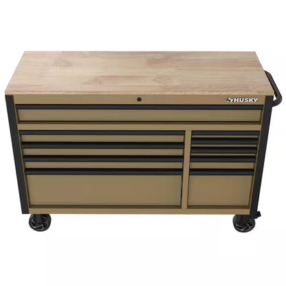 Standard-Duty 52 In. W 10-Drawer Matte Tan Mobile Workbench Cabinet with Solid Wood Top