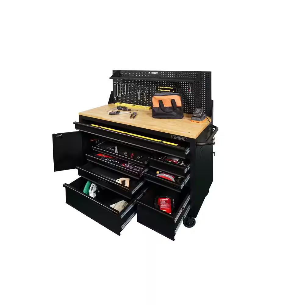 61 In. W X 26 In. D Heavy Duty 10-Drawer 1-Door Mobile Workbench with Hardwood Top, Pegboard and Shelf in Matte Black