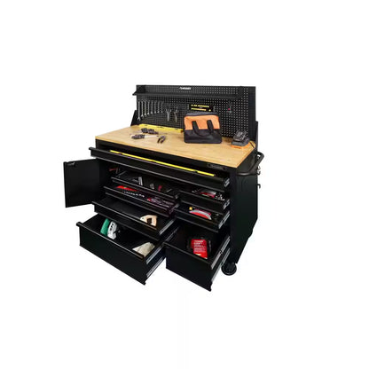61 In. W X 26 In. D Heavy Duty 10-Drawer 1-Door Mobile Workbench with Hardwood Top, Pegboard and Shelf in Matte Black