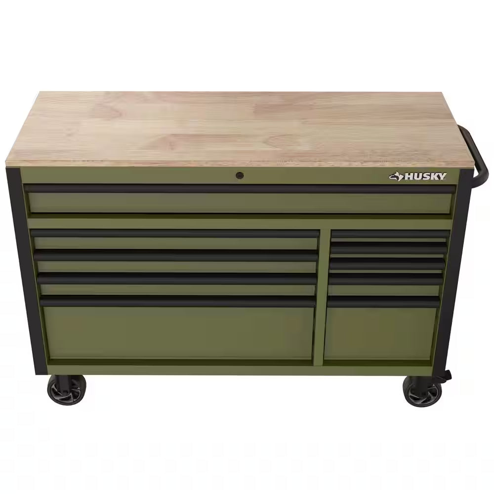Standard-Duty 52 In. W 10-Drawer Matte Army Green Mobile Workbench Cabinet with Solid Wood Top