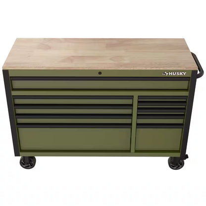 Standard-Duty 52 In. W 10-Drawer Matte Army Green Mobile Workbench Cabinet with Solid Wood Top