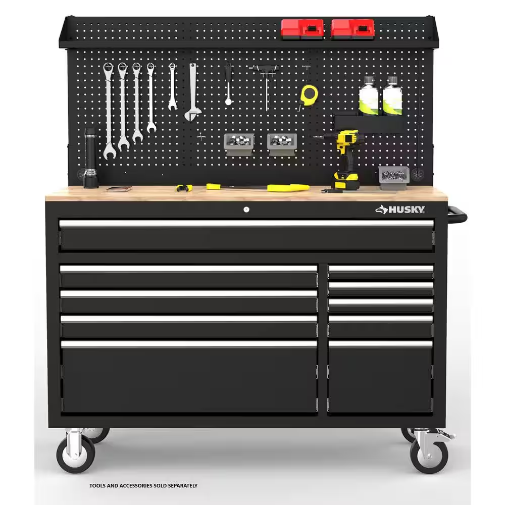 Modular Tool Storage 52 In. W Standard Duty Black Mobile Workbench Cabinet with Pegboard