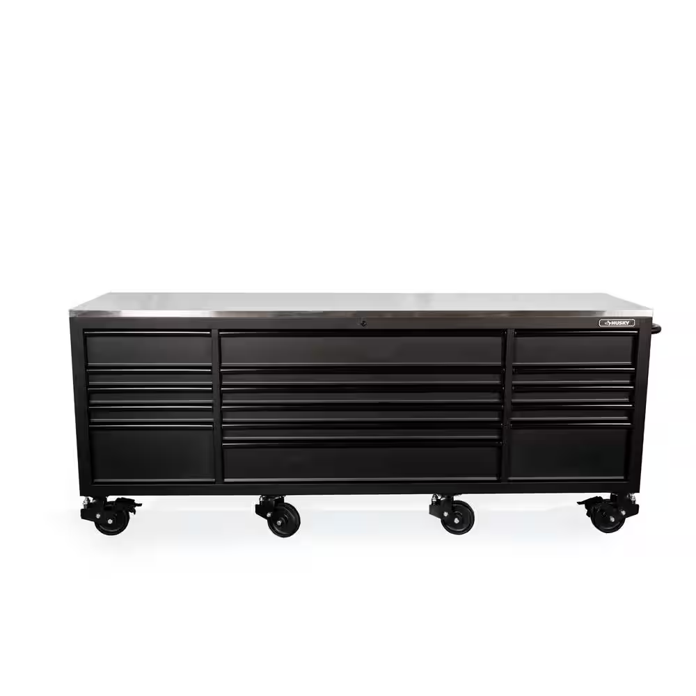 96 In. W X 24 In. D 16-Drawer Heavy-Duty Mobile Workbench with Stainless Steel Top in Matte Black