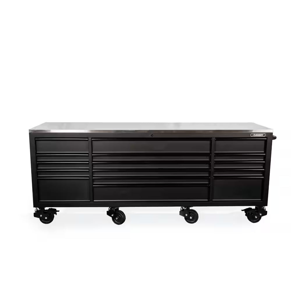 96 In. W X 24 In. D 16-Drawer Heavy-Duty Mobile Workbench with Stainless Steel Top in Matte Black