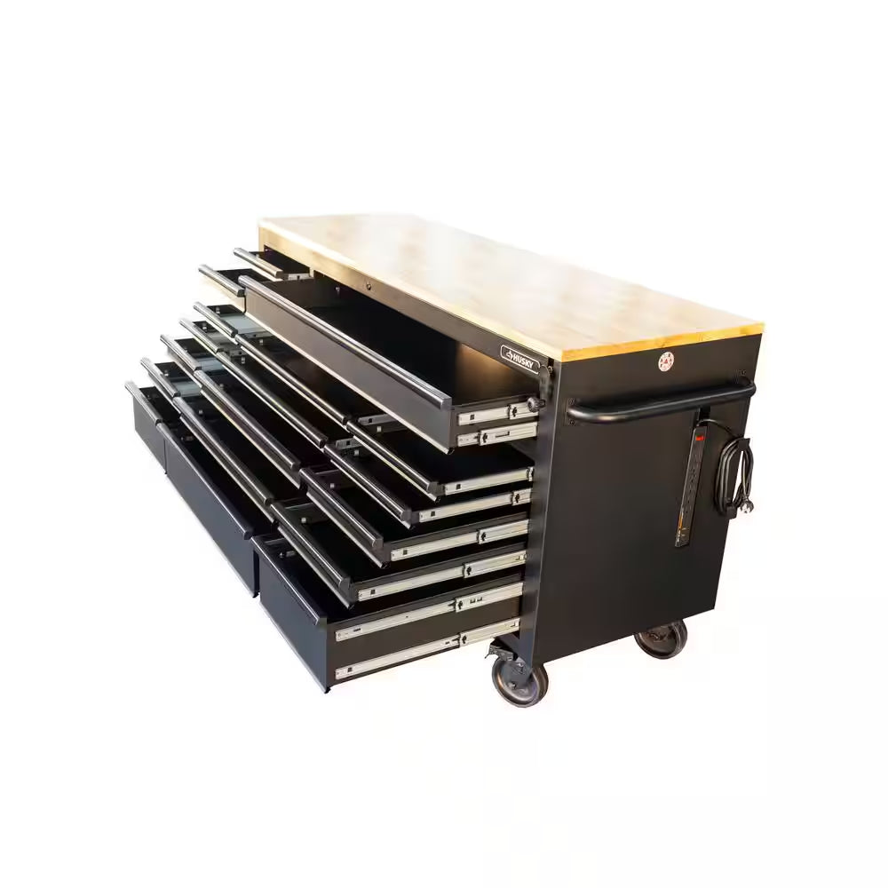 72 In. W X 24 In. D Heavy Duty 18-Drawer Mobile Workbench Cabinet with Adjustable-Height Hardwood Top in Matte Black