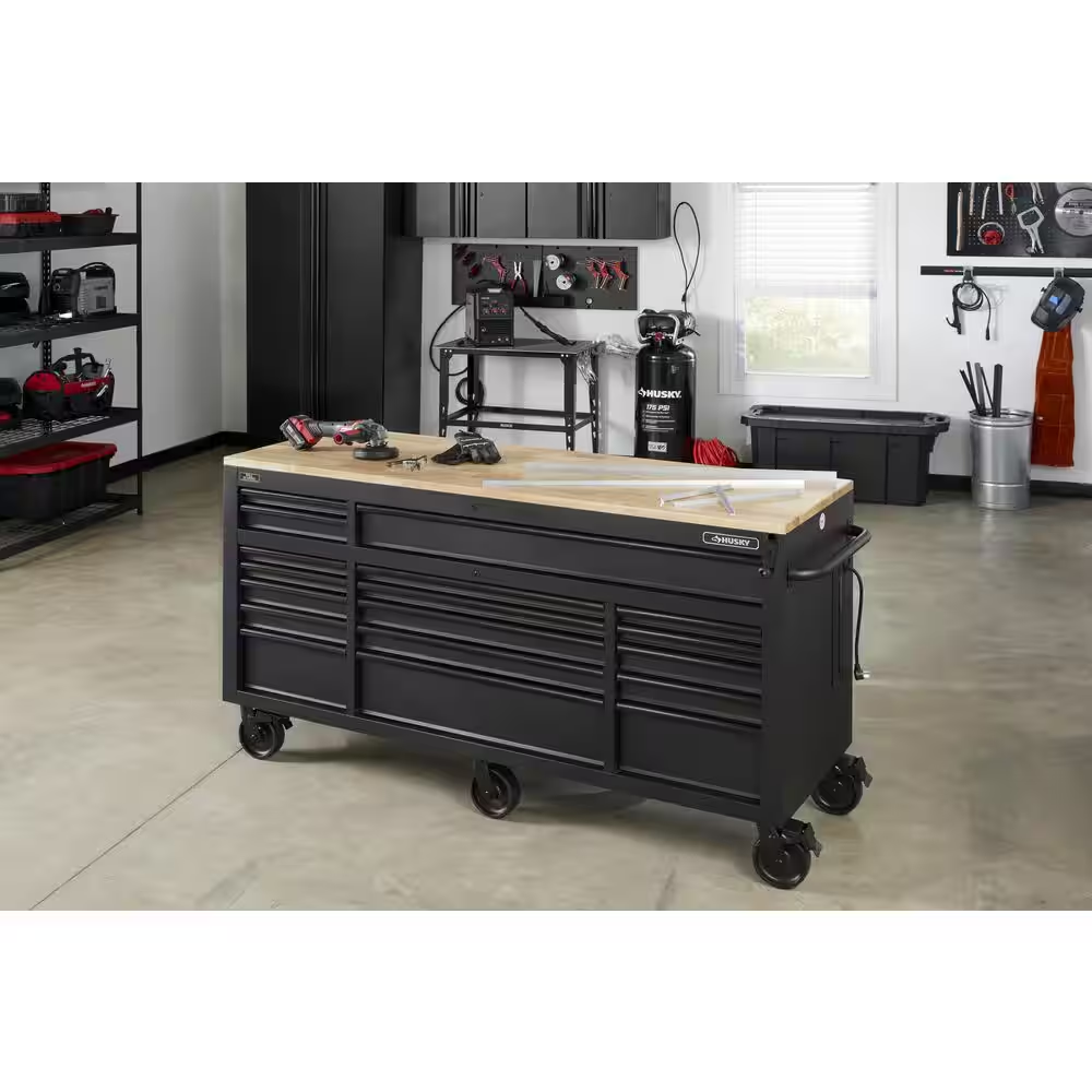 72 In. W X 24 In. D Heavy Duty 18-Drawer Mobile Workbench Cabinet with Adjustable-Height Hardwood Top in Matte Black