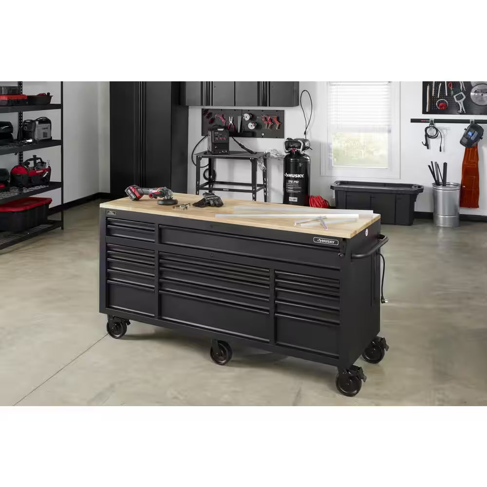 72 In. W X 24 In. D Heavy Duty 18-Drawer Mobile Workbench Cabinet with Adjustable-Height Hardwood Top in Matte Black