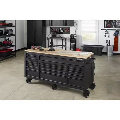 72 In. W X 24 In. D Heavy Duty 18-Drawer Mobile Workbench Cabinet with Adjustable-Height Hardwood Top in Matte Black