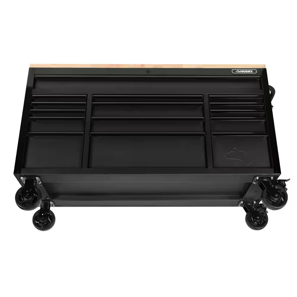 61 In. W X 23 In. D Heavy Duty 15-Drawer Mobile Workbench Tool Chest with Solid Wood Top in Matte Black