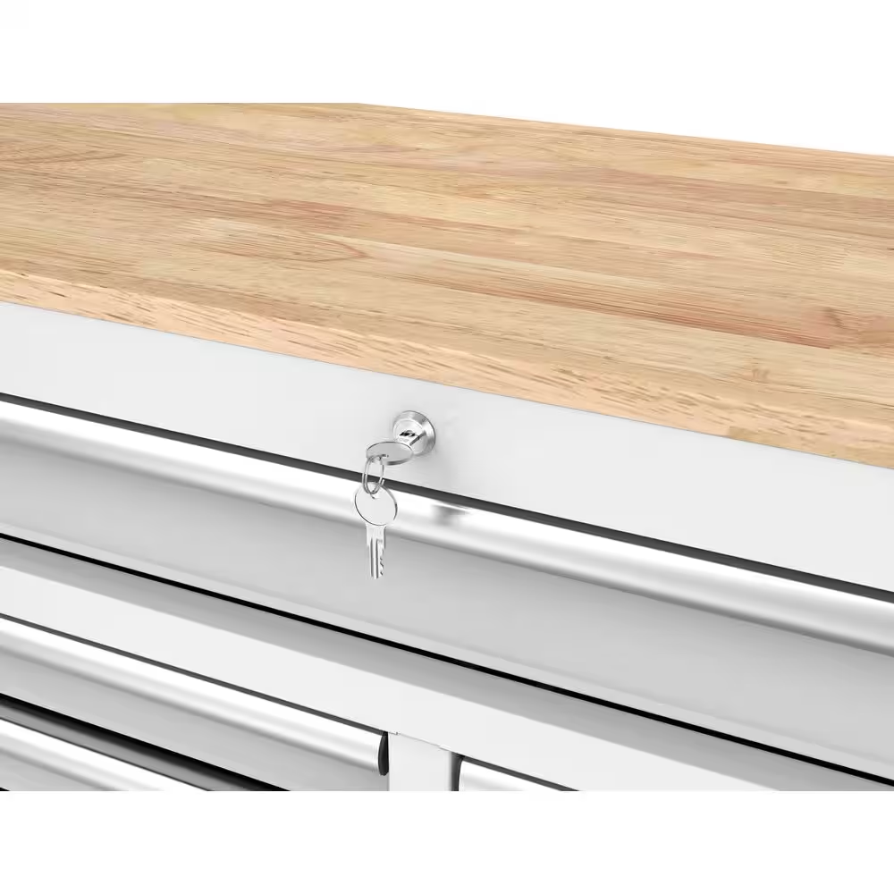 Tool Storage 46 In. W X 18 In. D 9-Drawer Gloss White Mobile Workbench Cabinet