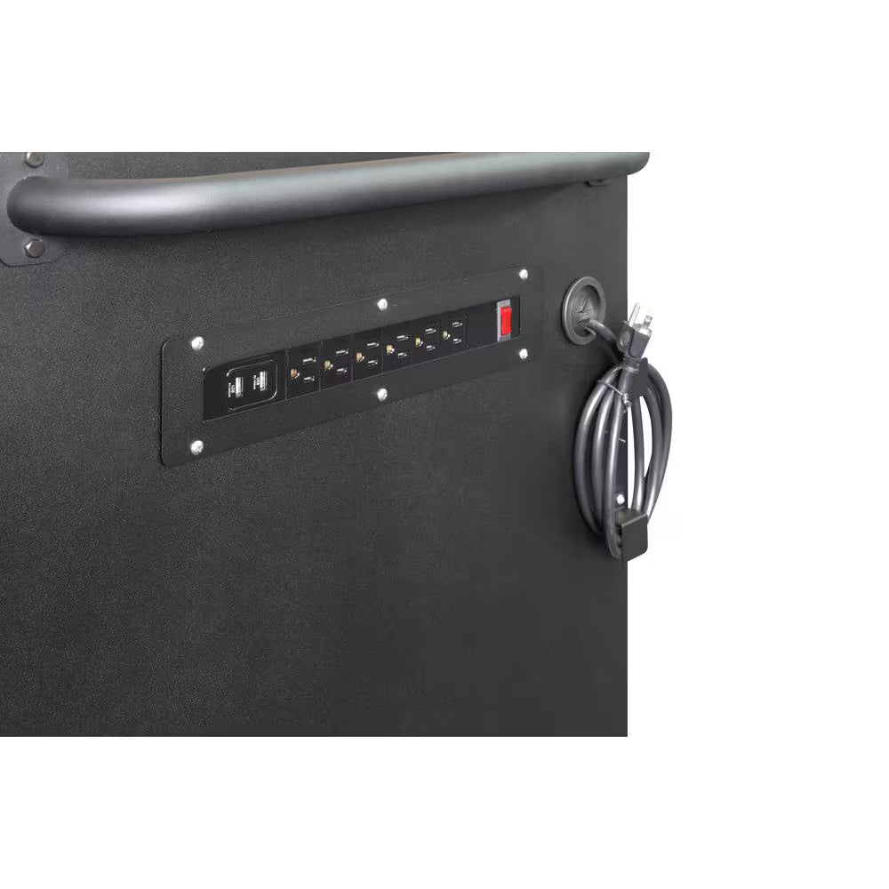 61 In. W X 26 In. D Heavy Duty 10-Drawer 1-Door Mobile Workbench with Hardwood Top, Pegboard and Shelf in Matte Black