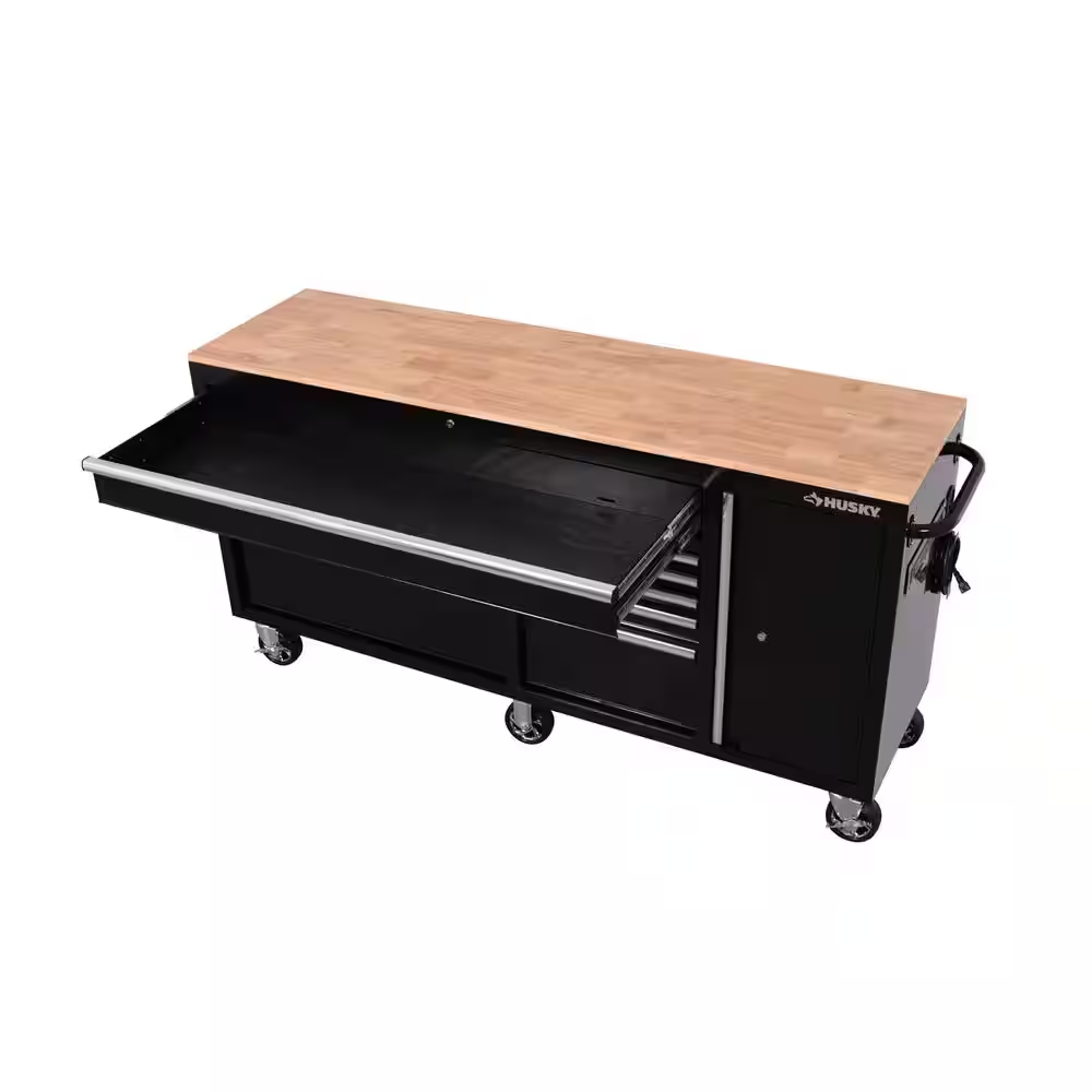Standard Duty 72 In. W X 20 In. D 10-Drawer Gloss Black Mobile Workbench Cabinet with Solid Wood Top