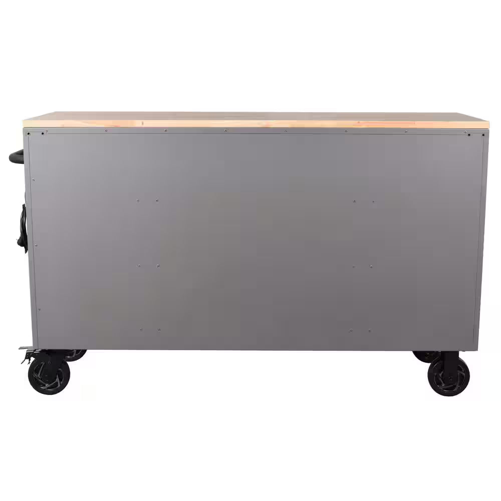 Heavy Duty 61 In. W X 23 In. D 15-Drawer Matte Gray Mobile Workbench Cabinet with Solid Wood Top