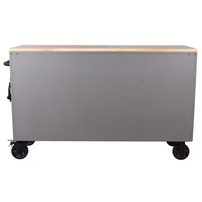 Heavy Duty 61 In. W X 23 In. D 15-Drawer Matte Gray Mobile Workbench Cabinet with Solid Wood Top