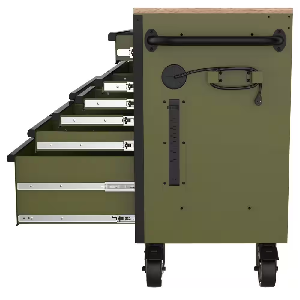 Standard-Duty 52 In. W 10-Drawer Matte Army Green Mobile Workbench Cabinet with Solid Wood Top