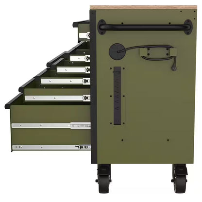Standard-Duty 52 In. W 10-Drawer Matte Army Green Mobile Workbench Cabinet with Solid Wood Top