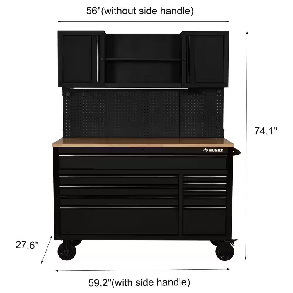 56 In. W X 27.6 In. D 10-Drawer Matte Black Heavy-Duty Mobile Workbench with Pegboard and Top Cabinets