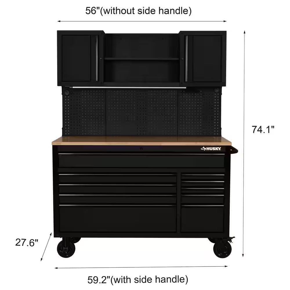 56 In. W X 27.6 In. D 10-Drawer Matte Black Heavy-Duty Mobile Workbench with Pegboard and Top Cabinets