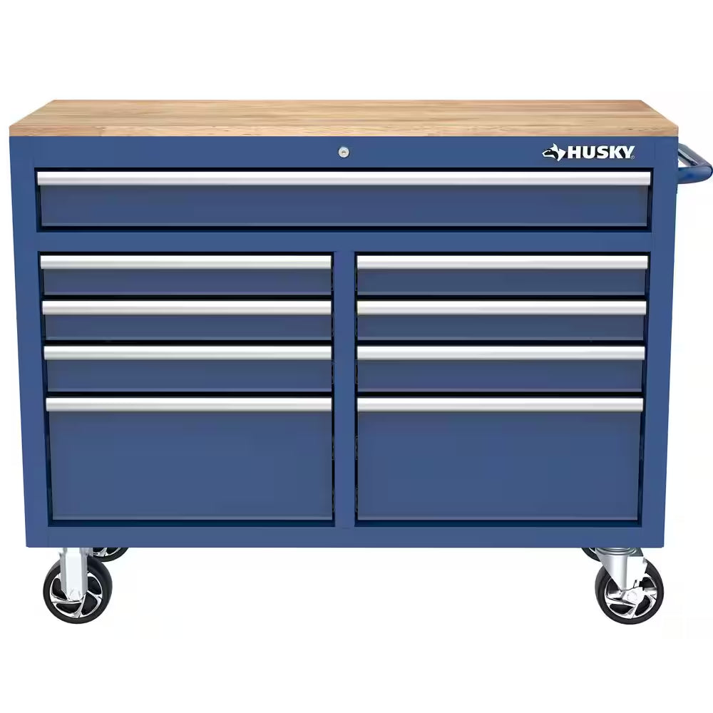 Tool Storage 46 In. W X 18 In. D 9-Drawer Gloss Blue Mobile Workbench Cabinet