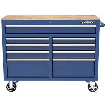 Tool Storage 46 In. W X 18 In. D 9-Drawer Gloss Blue Mobile Workbench Cabinet