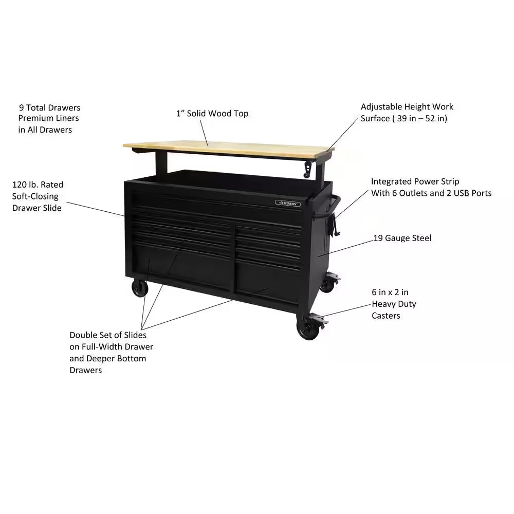 52 In. W X 25 In. D Heavy Duty 9-Drawer Mobile Workbench Cabinet with Adjustable-Height Hardwood Top in Matte Black