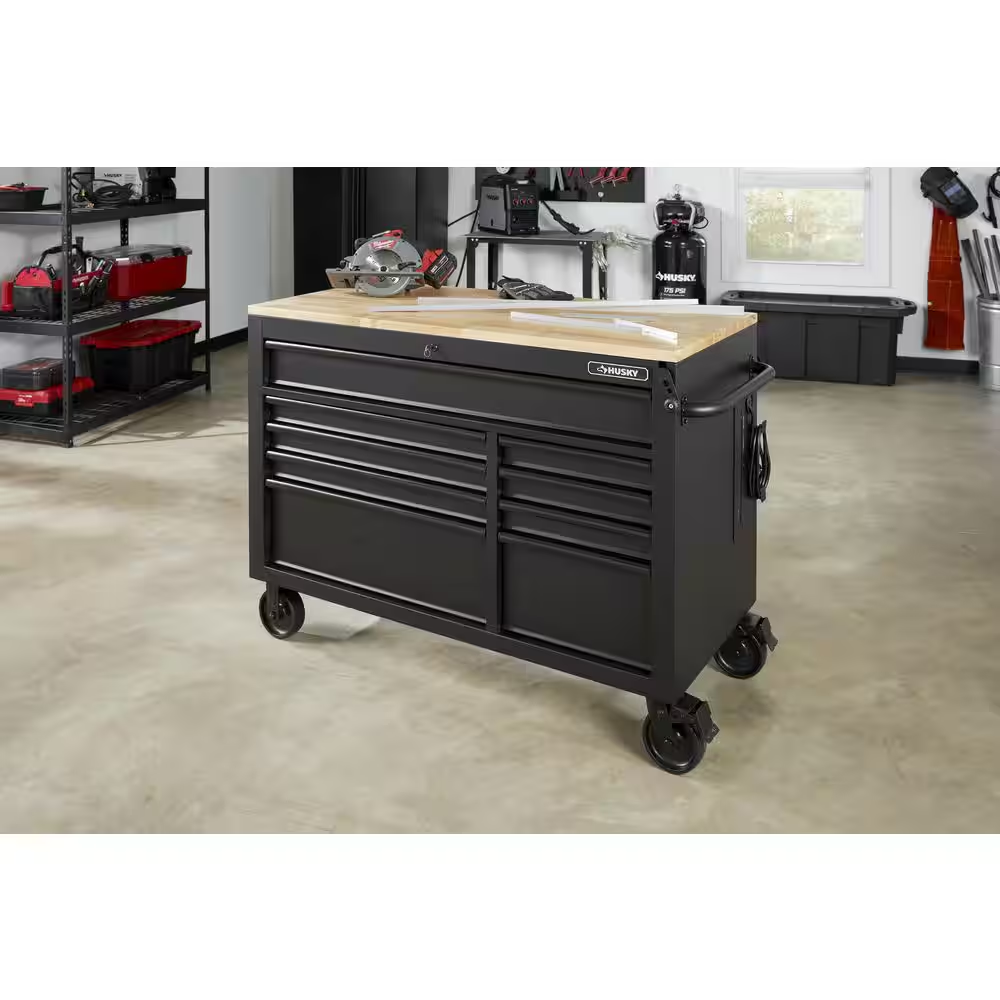 52 In. W X 25 In. D Heavy Duty 9-Drawer Mobile Workbench Cabinet with Adjustable-Height Hardwood Top in Matte Black