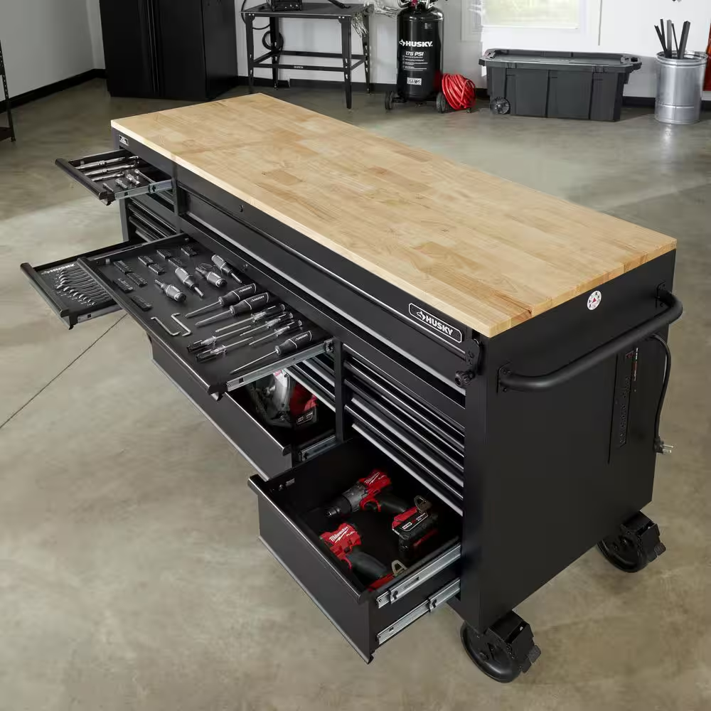 72 In. W X 24 In. D Heavy Duty 18-Drawer Mobile Workbench Cabinet with Adjustable-Height Hardwood Top in Matte Black