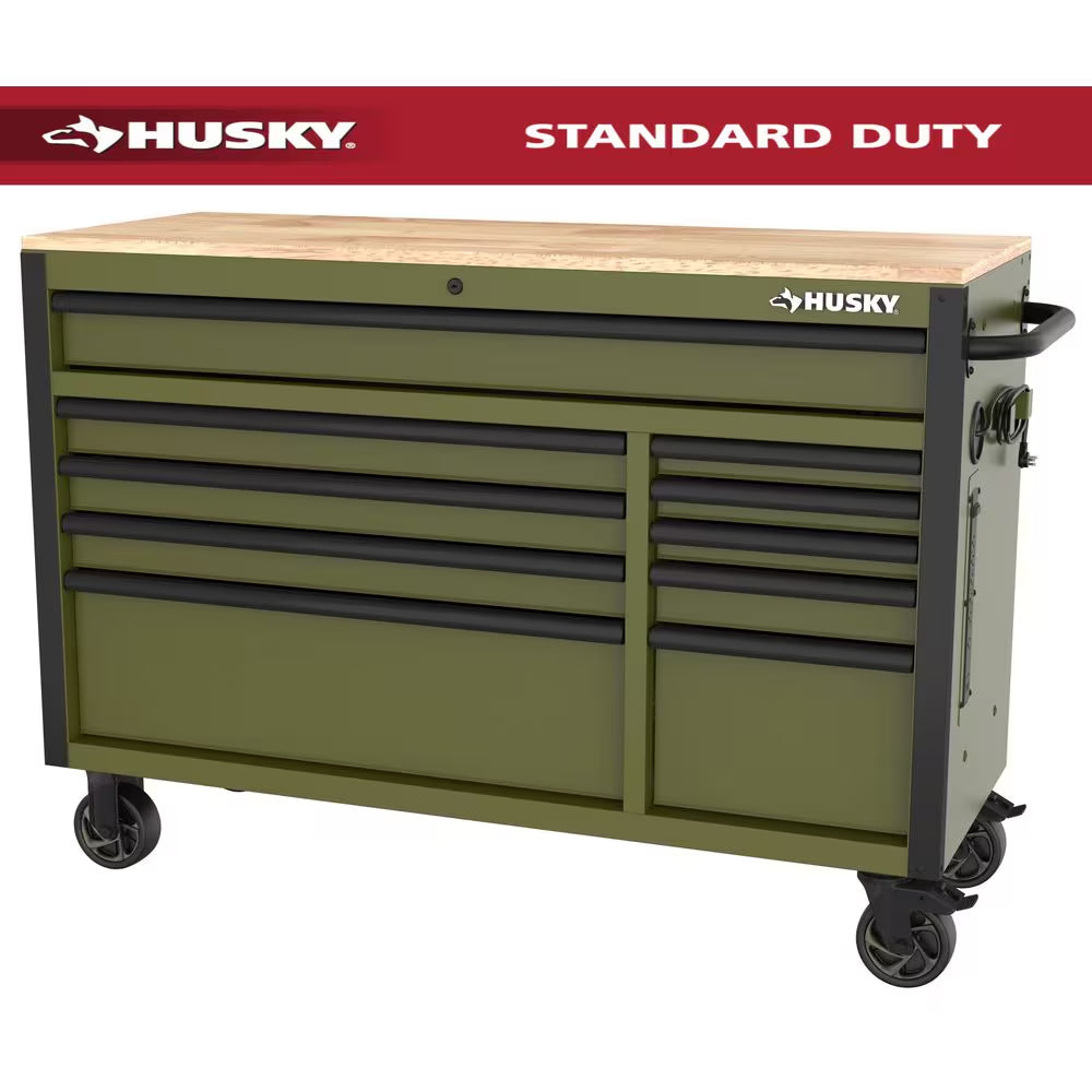 Standard-Duty 52 In. W 10-Drawer Matte Army Green Mobile Workbench Cabinet with Solid Wood Top