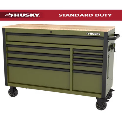Standard-Duty 52 In. W 10-Drawer Matte Army Green Mobile Workbench Cabinet with Solid Wood Top