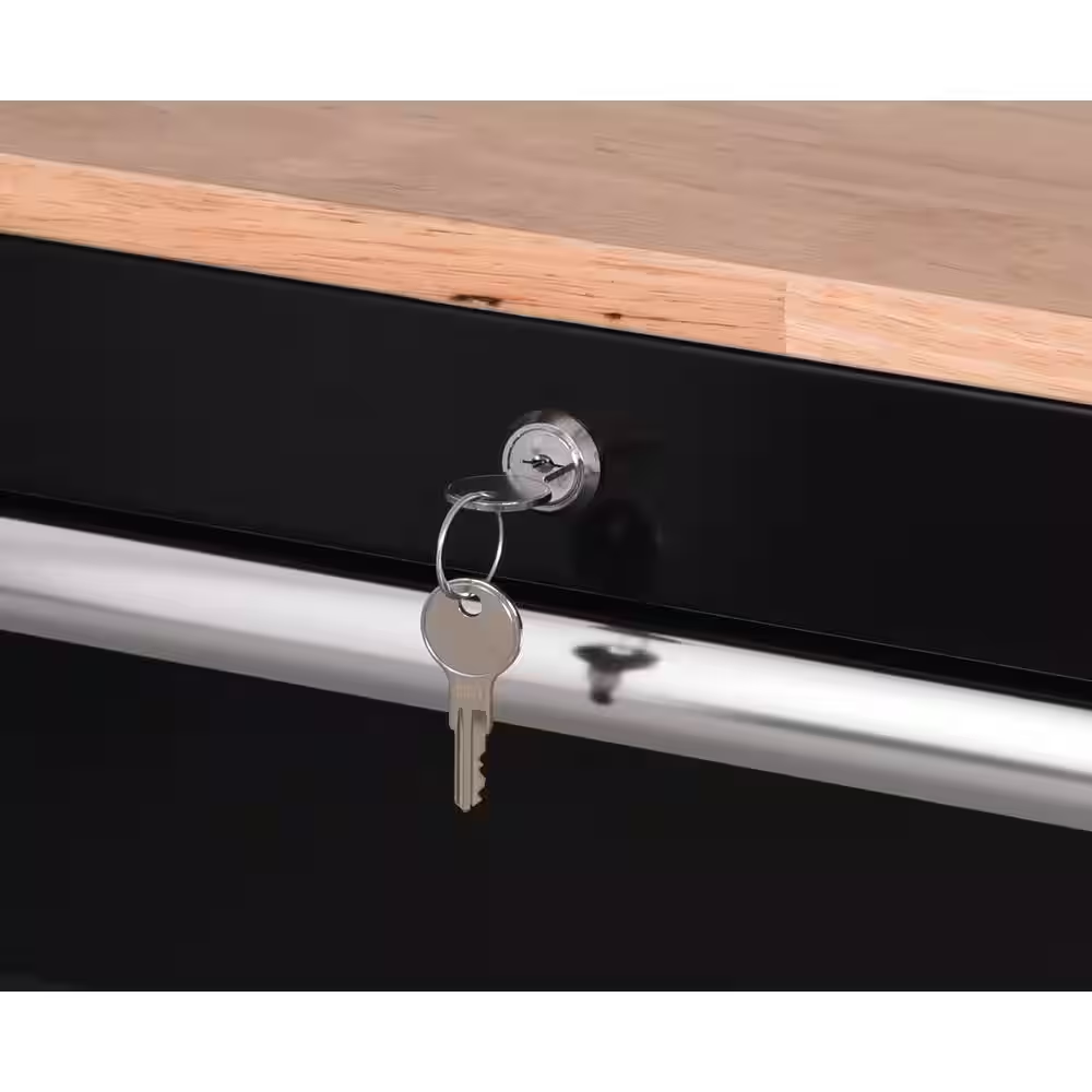 Standard Duty 72 In. W X 20 In. D 10-Drawer Gloss Black Mobile Workbench Cabinet with Solid Wood Top