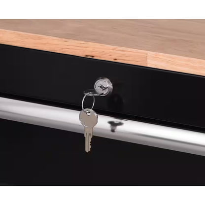 Standard Duty 72 In. W X 20 In. D 10-Drawer Gloss Black Mobile Workbench Cabinet with Solid Wood Top