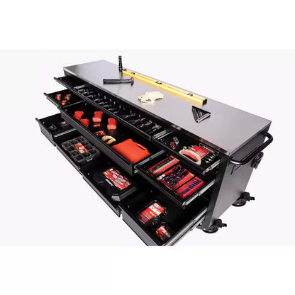 Tool Storage Heavy Duty 96 In. W X 24 In. D Matte Black Mobile Workbench Cabinet with Stainless Steel Top