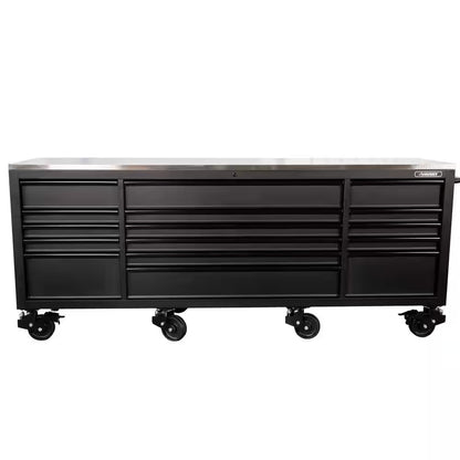 96 In. W X 24 In. D 16-Drawer Heavy-Duty Mobile Workbench with Stainless Steel Top in Matte Black