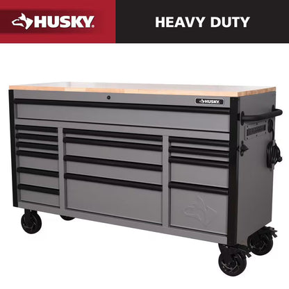 Heavy Duty 61 In. W X 23 In. D 15-Drawer Matte Gray Mobile Workbench Cabinet with Solid Wood Top