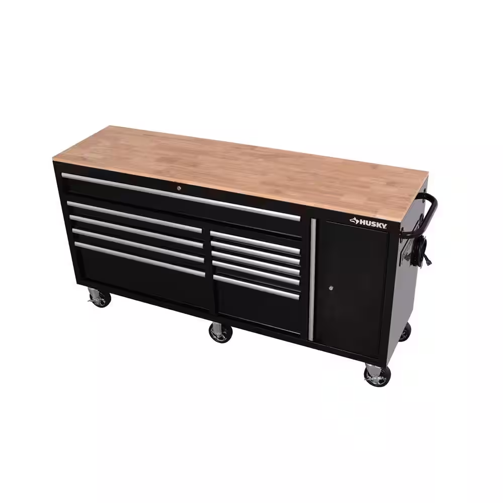 Standard Duty 72 In. W X 20 In. D 10-Drawer Gloss Black Mobile Workbench Cabinet with Solid Wood Top