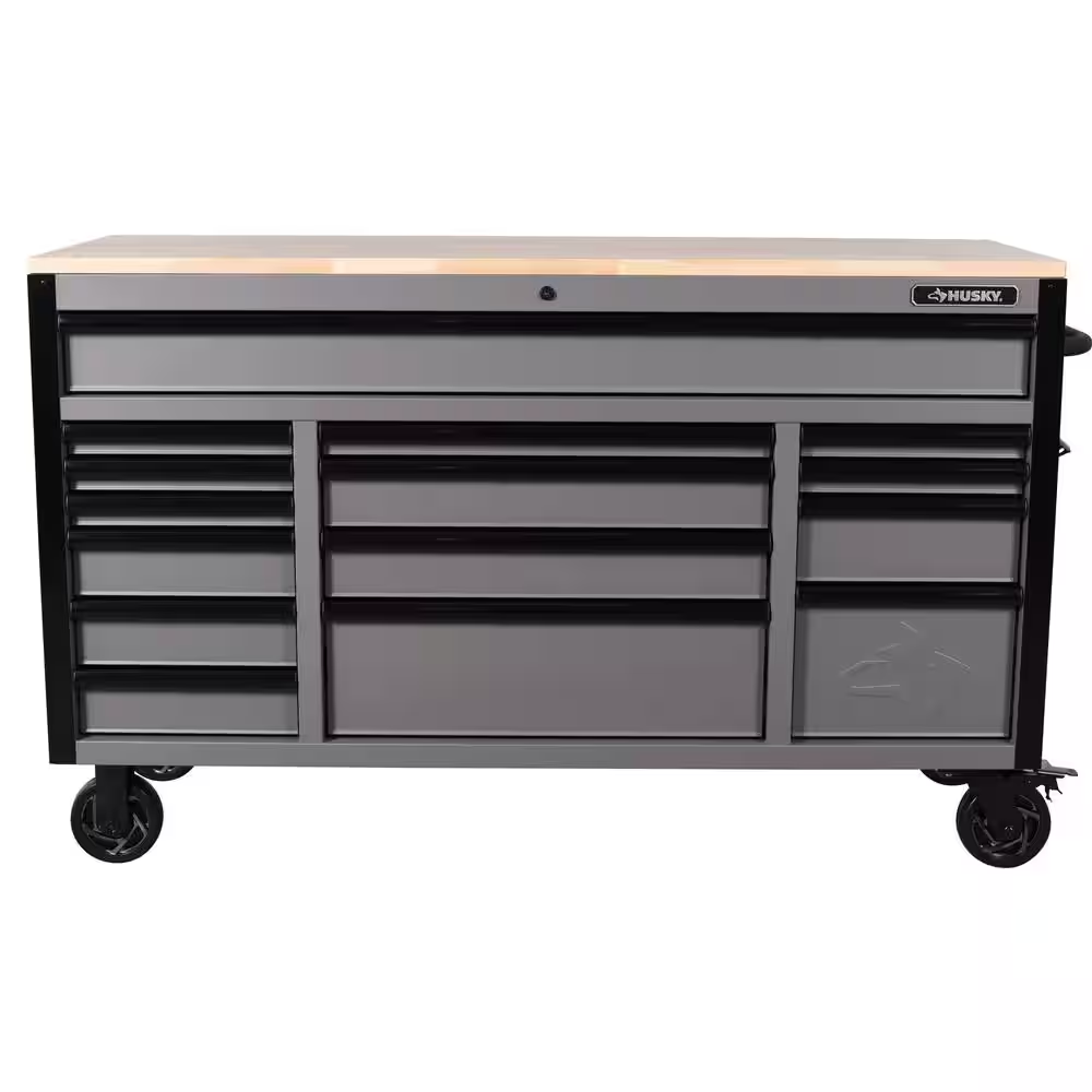 Heavy Duty 61 In. W X 23 In. D 15-Drawer Matte Gray Mobile Workbench Cabinet with Solid Wood Top