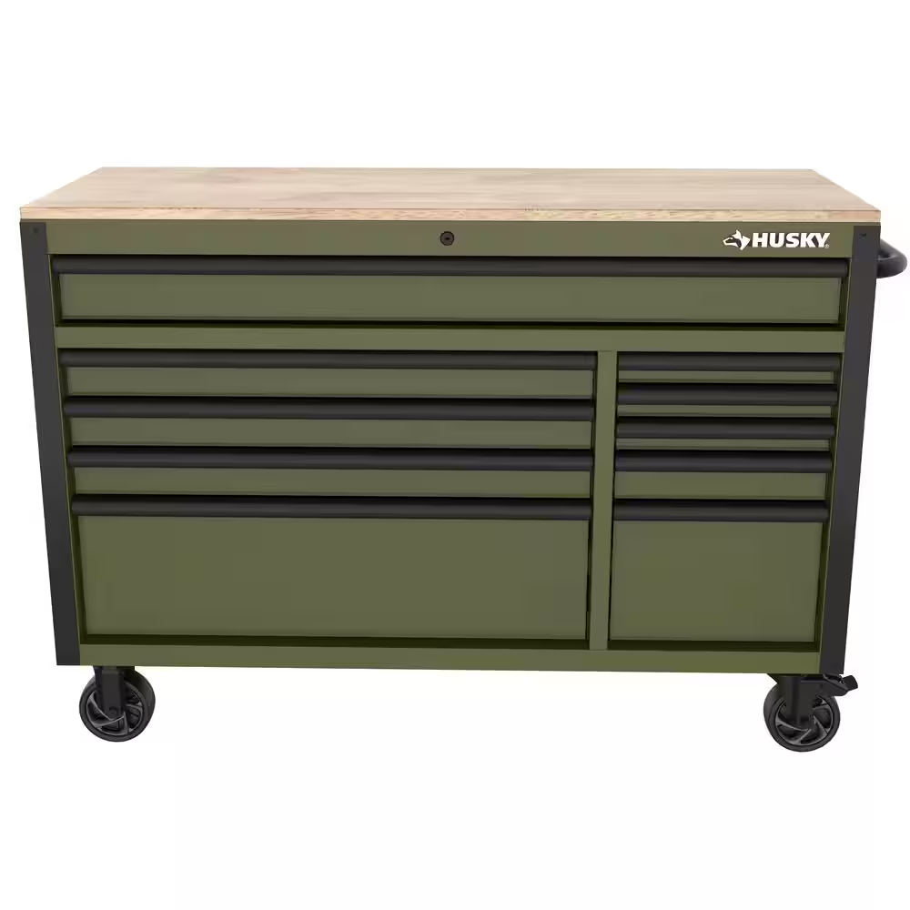 Standard-Duty 52 In. W 10-Drawer Matte Army Green Mobile Workbench Cabinet with Solid Wood Top