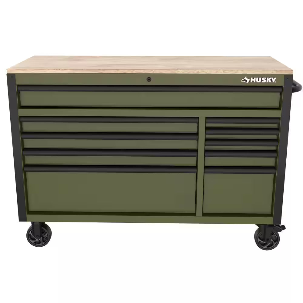 Standard-Duty 52 In. W 10-Drawer Matte Army Green Mobile Workbench Cabinet with Solid Wood Top
