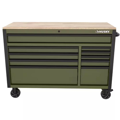 Standard-Duty 52 In. W 10-Drawer Matte Army Green Mobile Workbench Cabinet with Solid Wood Top
