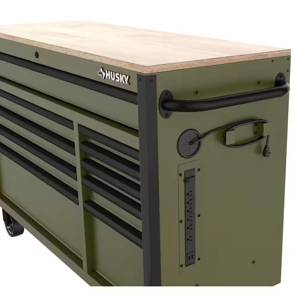 Standard-Duty 52 In. W 10-Drawer Matte Army Green Mobile Workbench Cabinet with Solid Wood Top