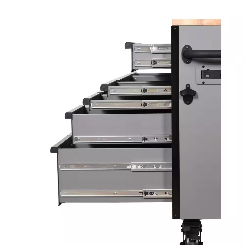 Heavy Duty 61 In. W X 23 In. D 15-Drawer Matte Gray Mobile Workbench Cabinet with Solid Wood Top