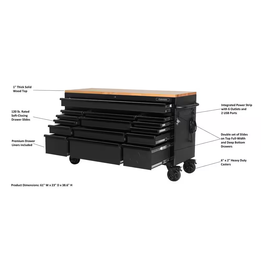 61 In. W X 23 In. D Heavy Duty 15-Drawer Mobile Workbench Tool Chest with Solid Wood Top in Matte Black