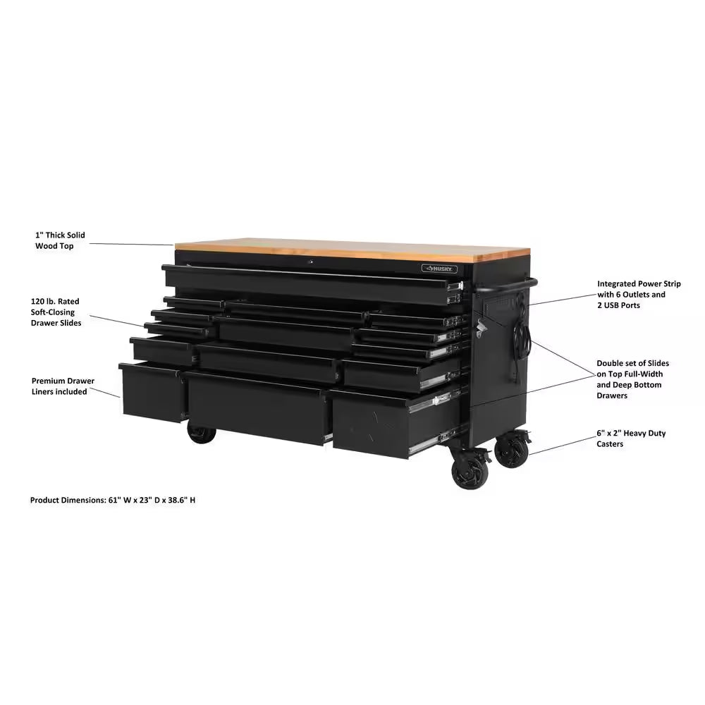 61 In. W X 23 In. D Heavy Duty 15-Drawer Mobile Workbench Tool Chest with Solid Wood Top in Matte Black