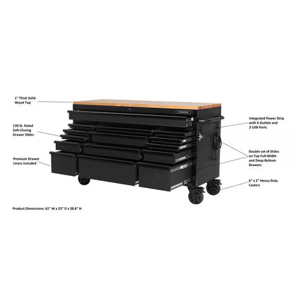 61 In. W X 23 In. D Heavy Duty 15-Drawer Mobile Workbench Tool Chest with Solid Wood Top in Matte Black