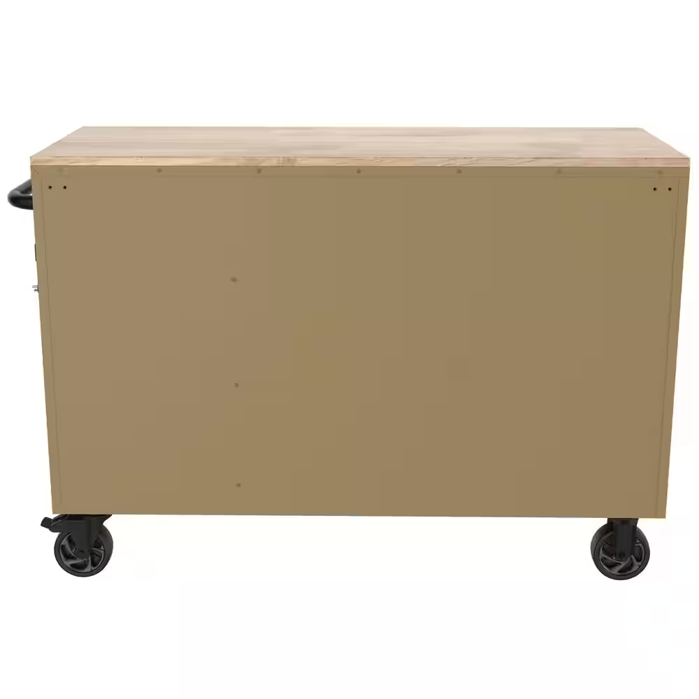 Standard-Duty 52 In. W 10-Drawer Matte Tan Mobile Workbench Cabinet with Solid Wood Top